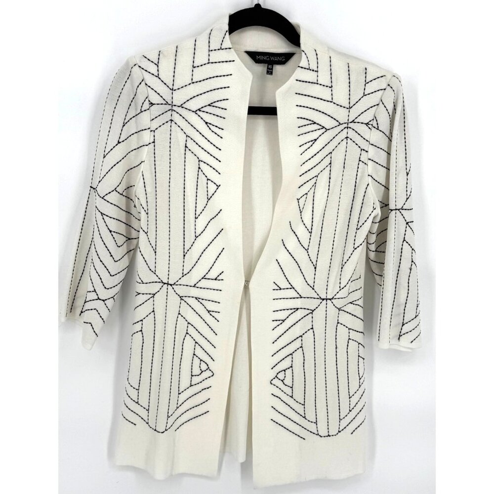 Ming Wang‎ Womens XS Open Front Geometric Cardigan Jacket Knit White & Black